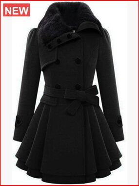Faux Fur Lapel Double-Breasted Wool Trench Coat Winter Warm Jacket